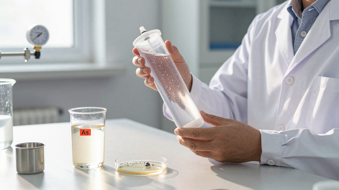 Wissenschaftler im Labor hält Reagenzglas mit Flüssigkeit, umgeben von Becherglas und Petrischale.