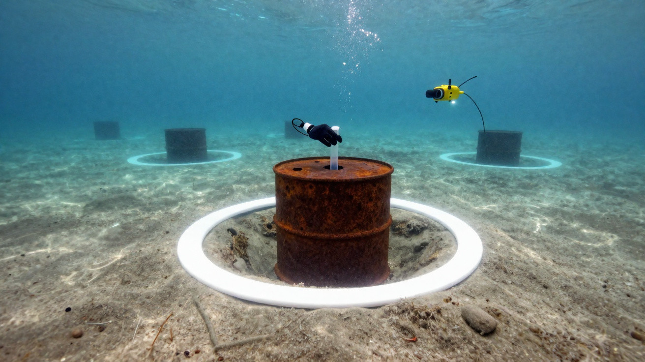 Unterwasseraufnahme mit rostigem Fass, einer aufgestülpten Hand, Roboter und weißen Ringen auf Meeresboden.