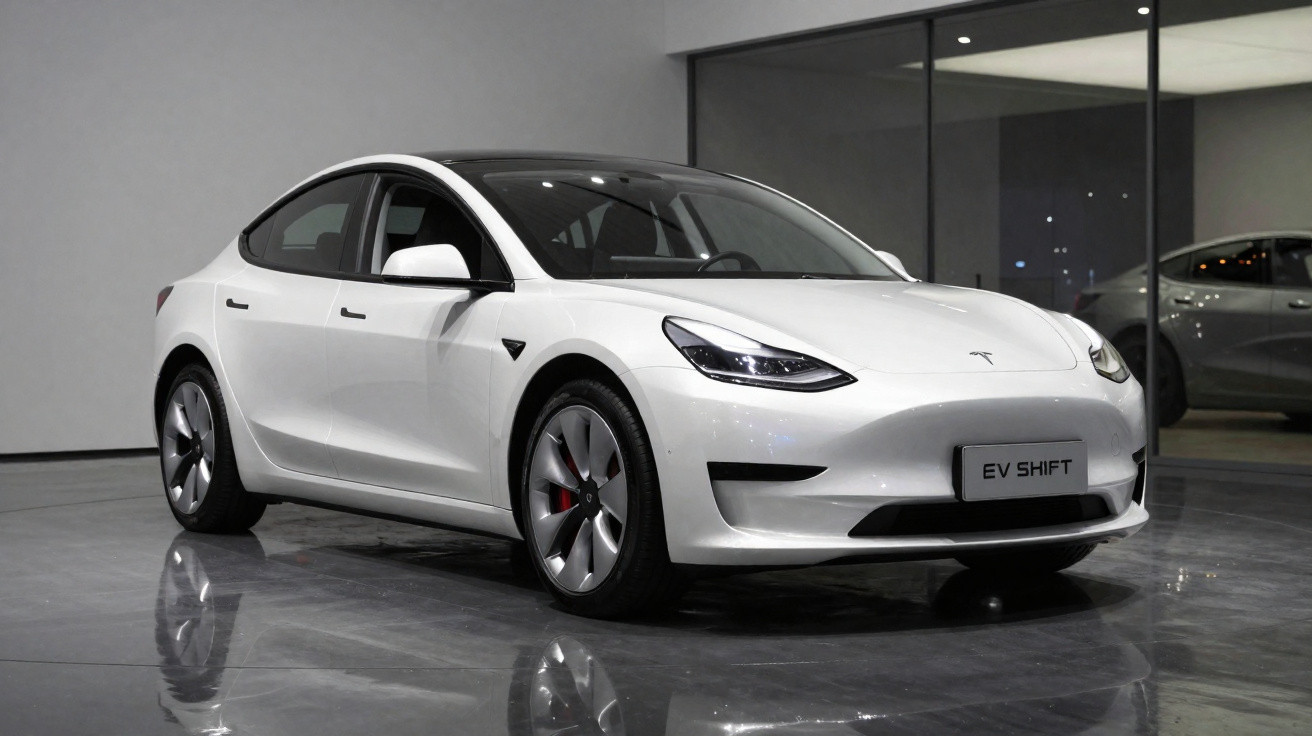 Weißer Tesla Model 3 Elektroauto in einem modernen Ausstellungsraum mit reflektierendem Boden.