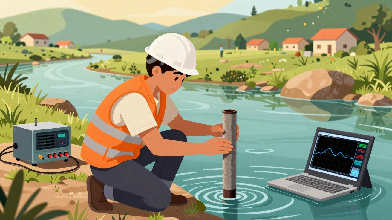 Ingenieur mit Schutzhelm und Weste entnimmt Wasserprobe aus Fluss zur Analyse mit Laptop und Messgerät am Ufer.