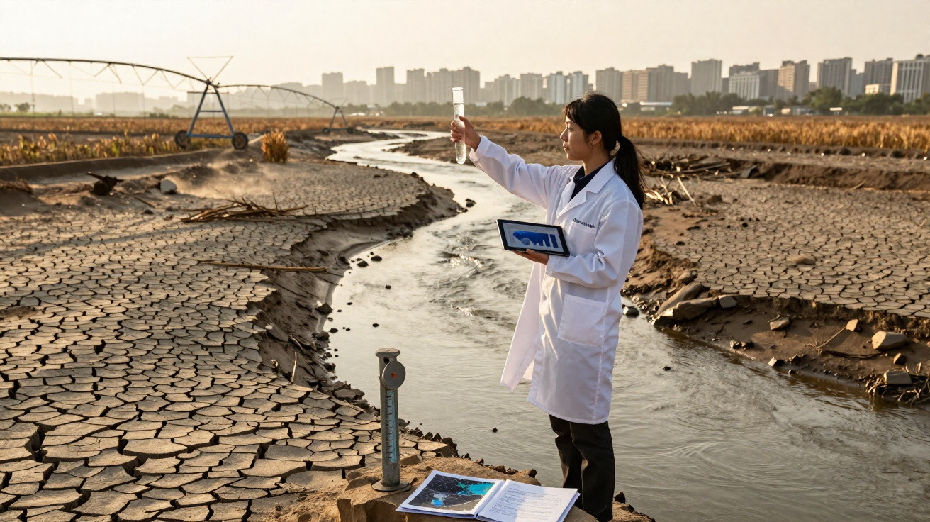 Wissenschaftlerin misst Wasserqualität an einem ausgetrockneten Flussbett mit Tablet und Messgerät.