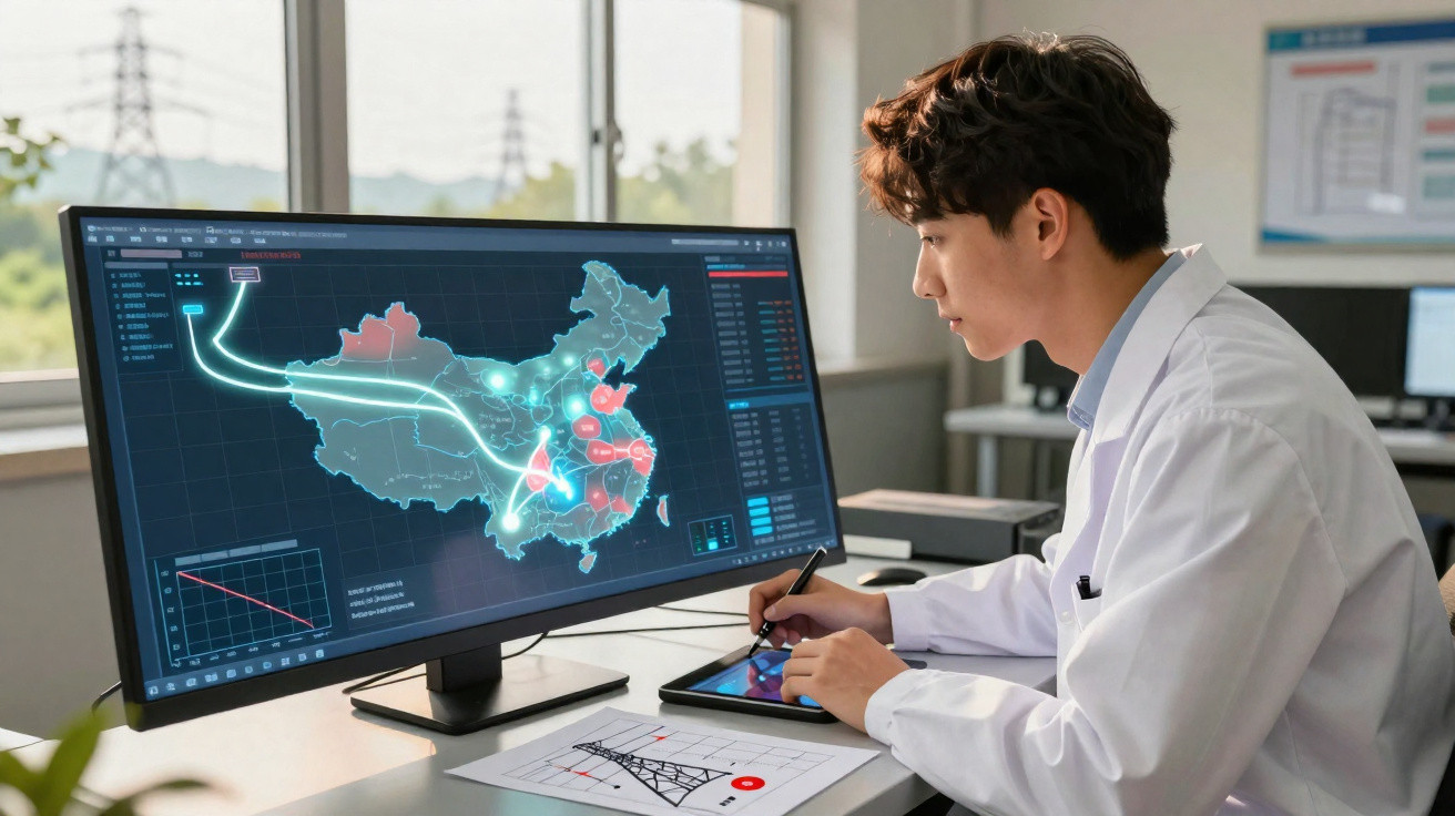 Mann im weißen Kittel arbeitet am Computer mit einer Karte von China und digitalen Daten im Büro.