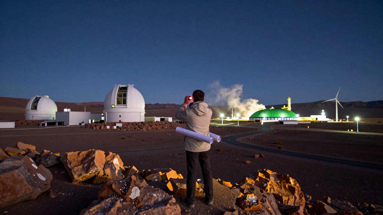 Person mit Kamera und Plänen vor Observatorium und Windrad bei Dämmerung in karger Landschaft