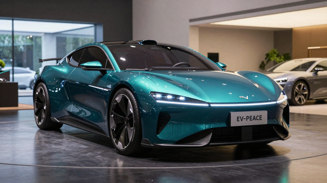Grünes Elektro-Sportauto mit LED-Scheinwerfern auf Ausstellung in modernem Showroom.