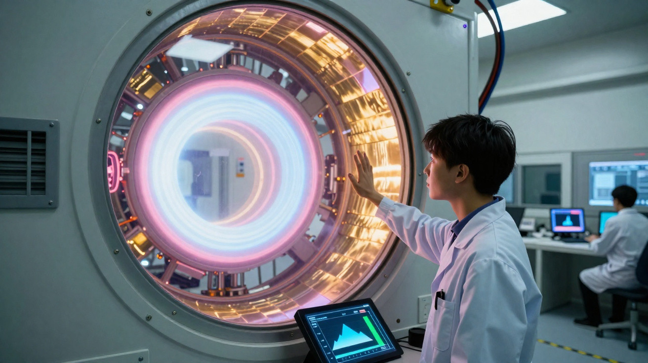 Wissenschaftler in Labor untersucht leuchtendes rundes technisches Gerät mit Tablet in Hand.