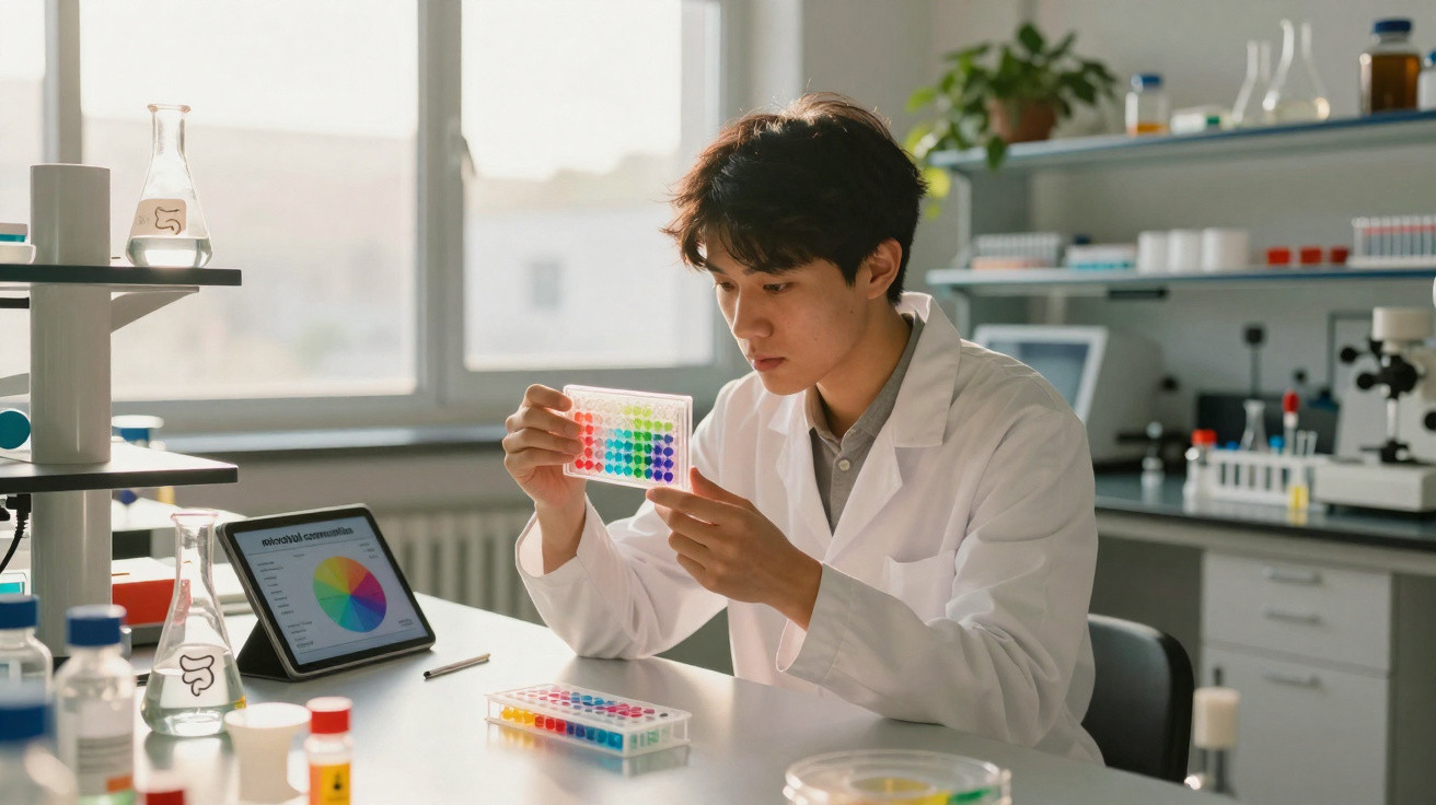 Junger Wissenschaftler im Labor untersucht Farbmuster auf Kunststoffplatte mit Laborgeräten im Hintergrund.