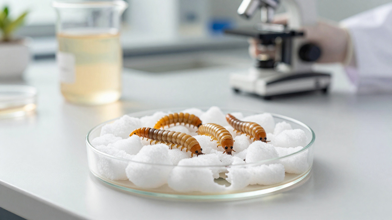 Glas-Petrischale mit schwarzen Soldatenfliegenlarven auf Schaumstücken im Labor mit Mikroskop im Hintergrund.