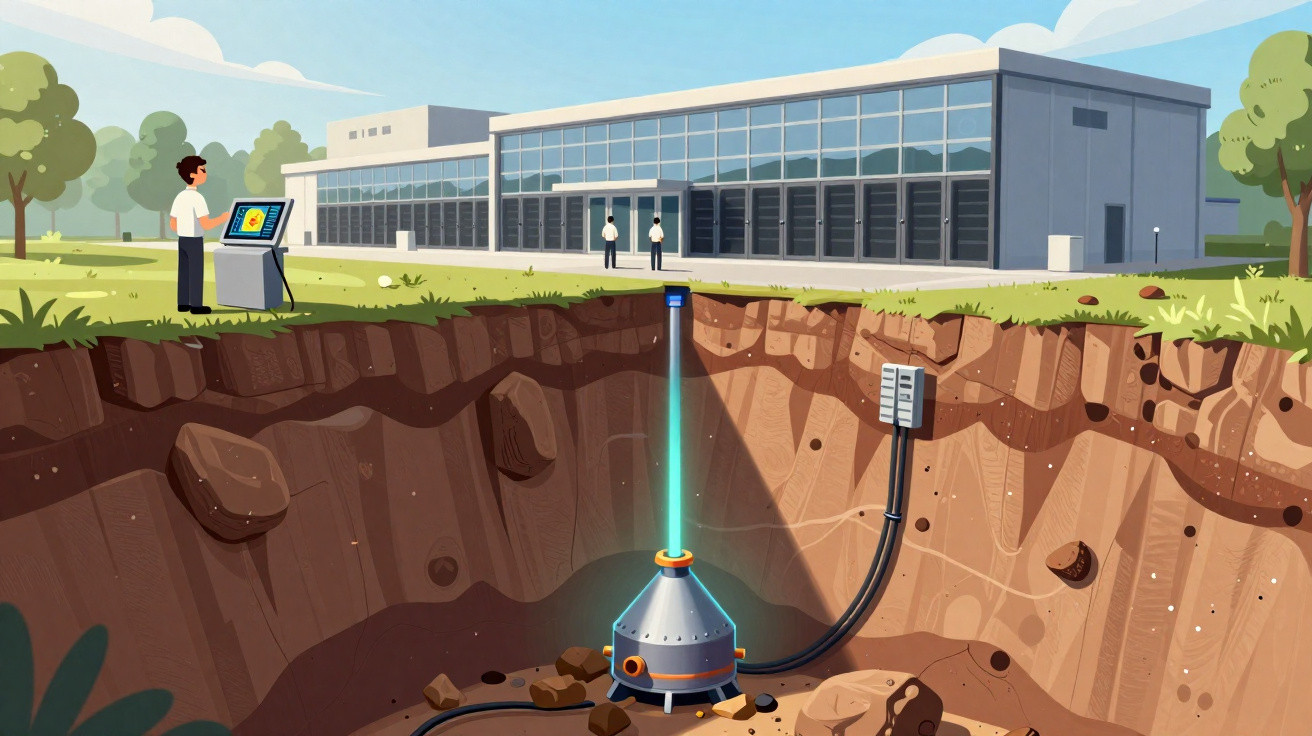 Illustration einer unterirdischen geothermischen Energieanlage vor einem modernen Gebäude mit Technikern.