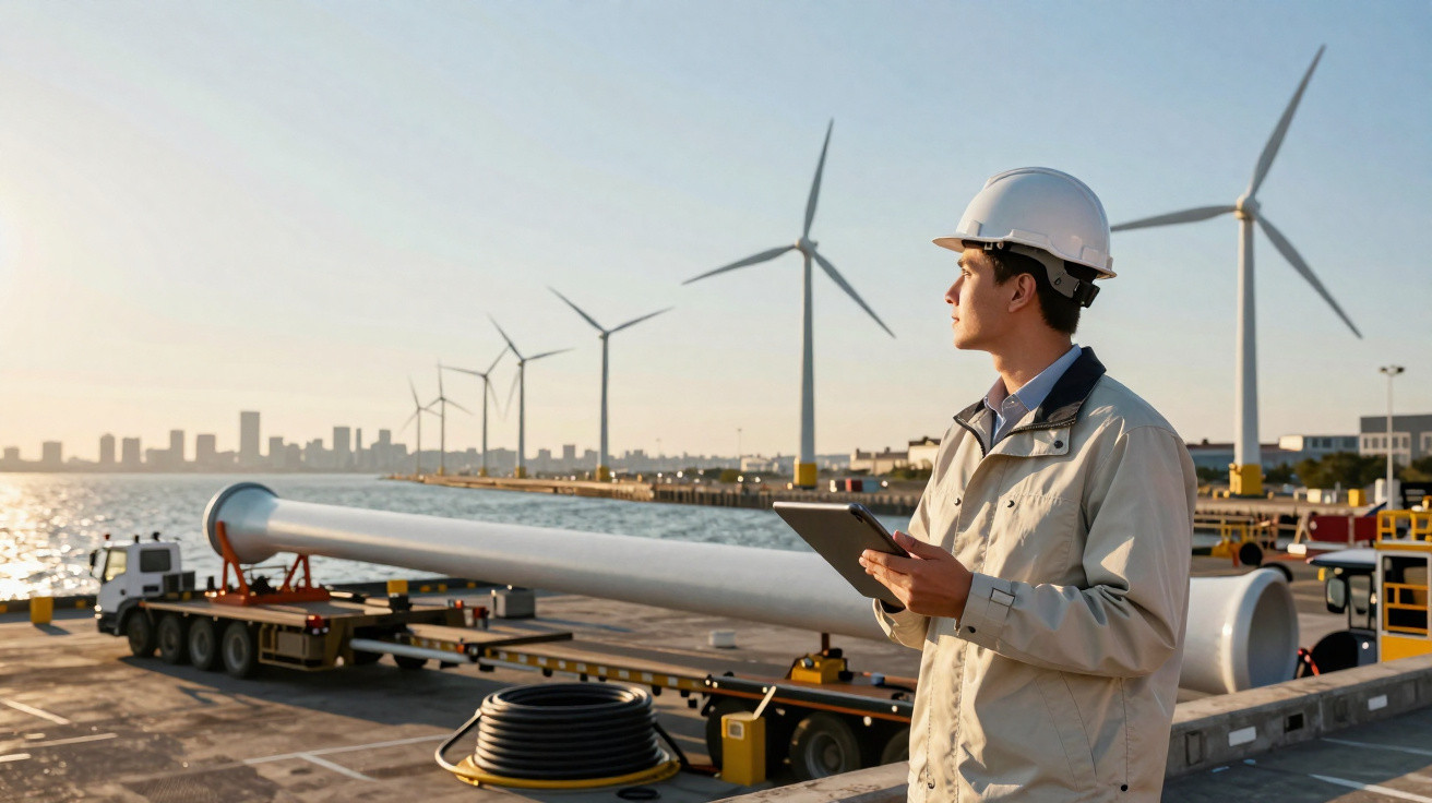 Ingenieur mit Helm am Hafen vor Windkraftanlagen und Transportlaster bei Sonnenuntergang.