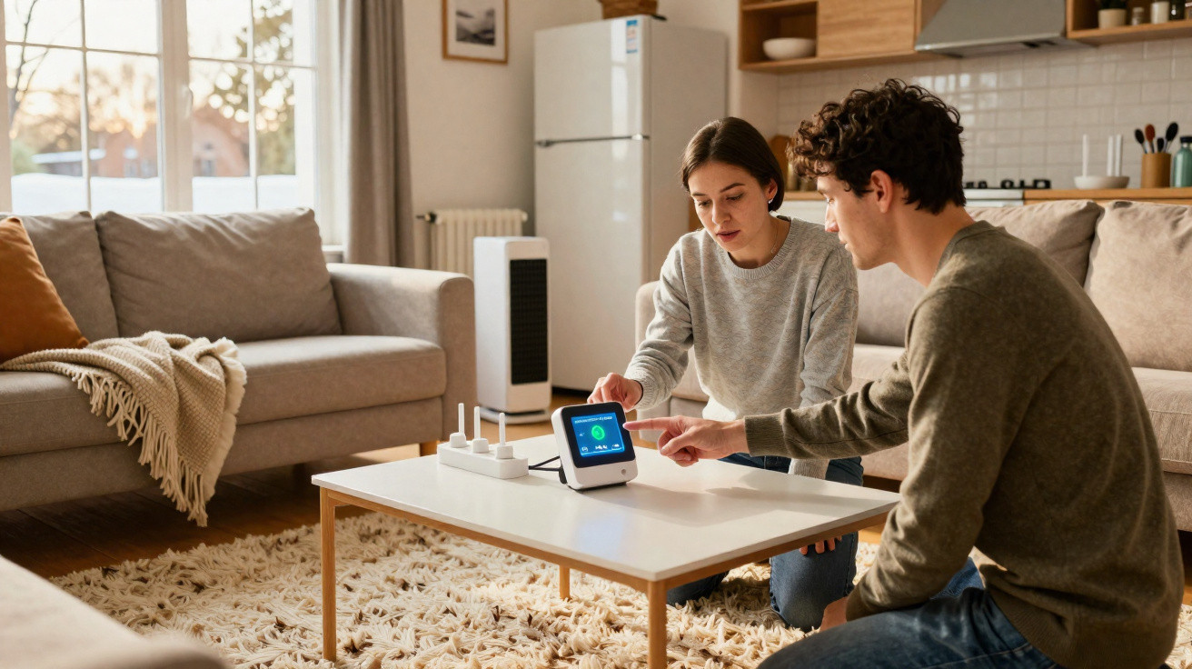 Junges Paar bedient smartes Thermostat auf Wohnzimmertisch in hellem Wohnzimmer.
