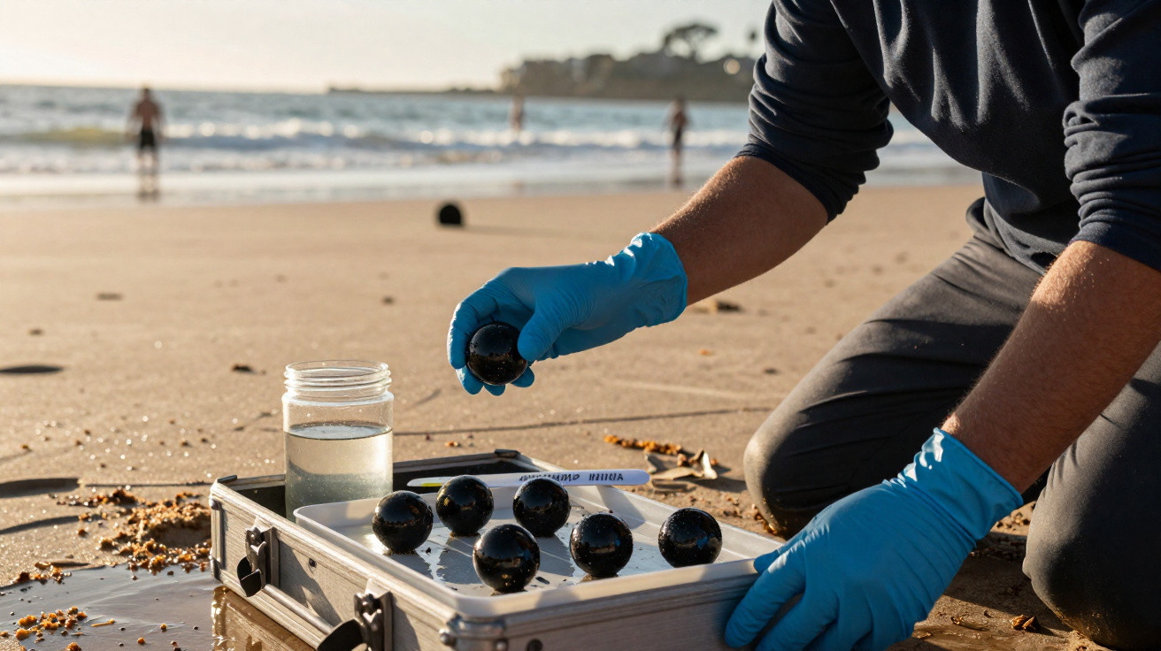 Person mit blauen Handschuhen untersucht schwarze Kugeln am Strand neben Wasserprobe im Glas