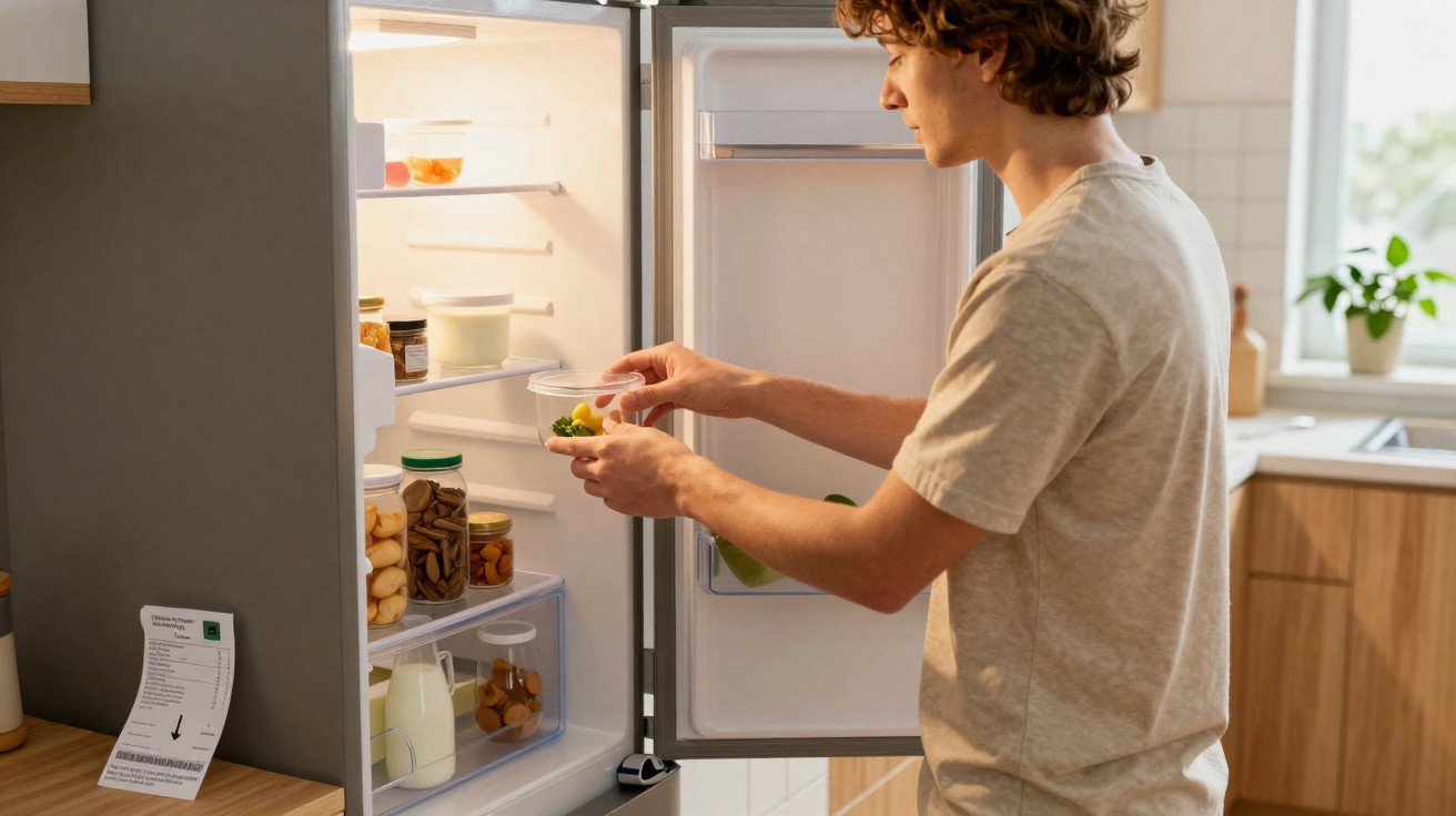 Junger Mann nimmt Lebensmittel aus offenem Kühlschrank in moderner Küche am Tag.