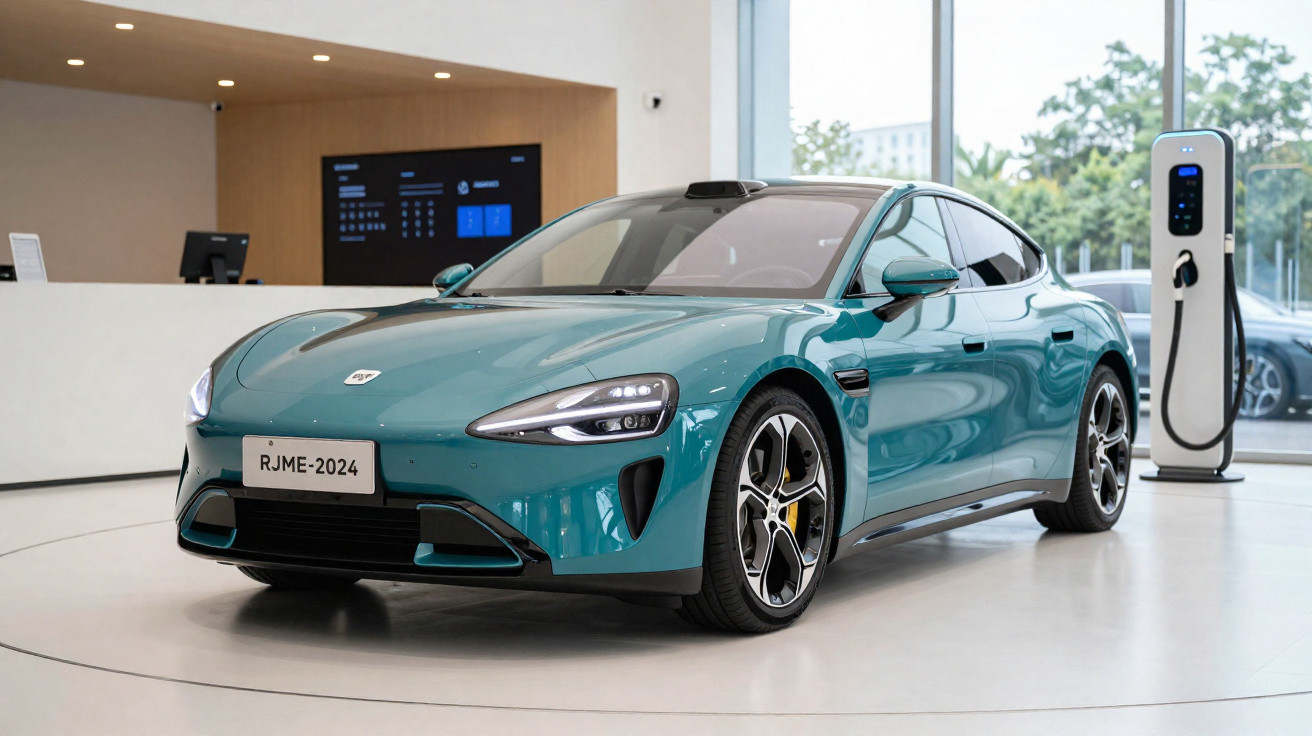 Grünes futuristisches Elektroauto steht in einem hellen Showroom neben einer Ladesäule.