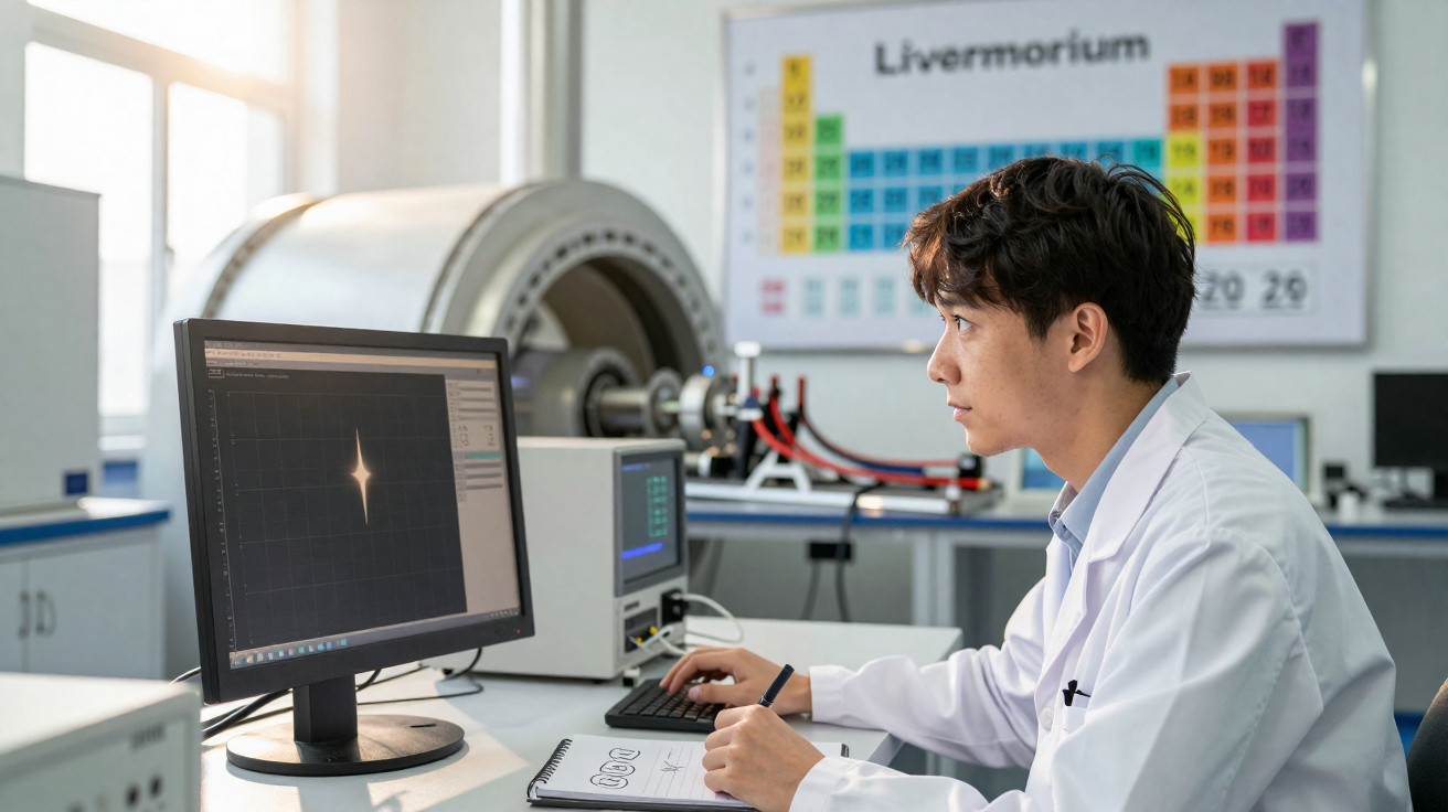 Junger Wissenschaftler im Labor analysiert Daten am Computer vor Periodensystem an der Wand.