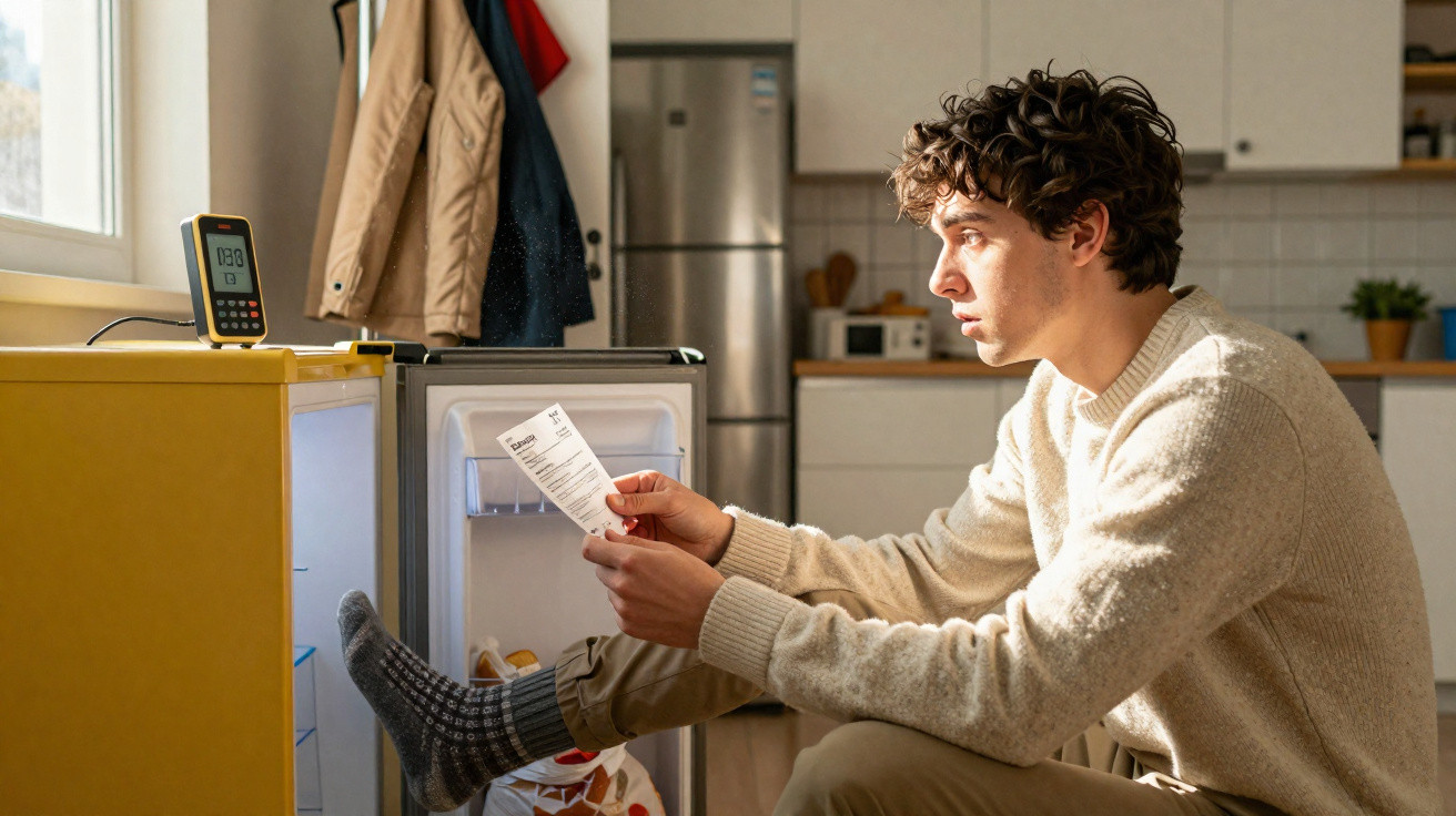 Junger Mann überprüft Stromrechnung neben offenem, gelbem Kühlschrank in sonniger Küche.