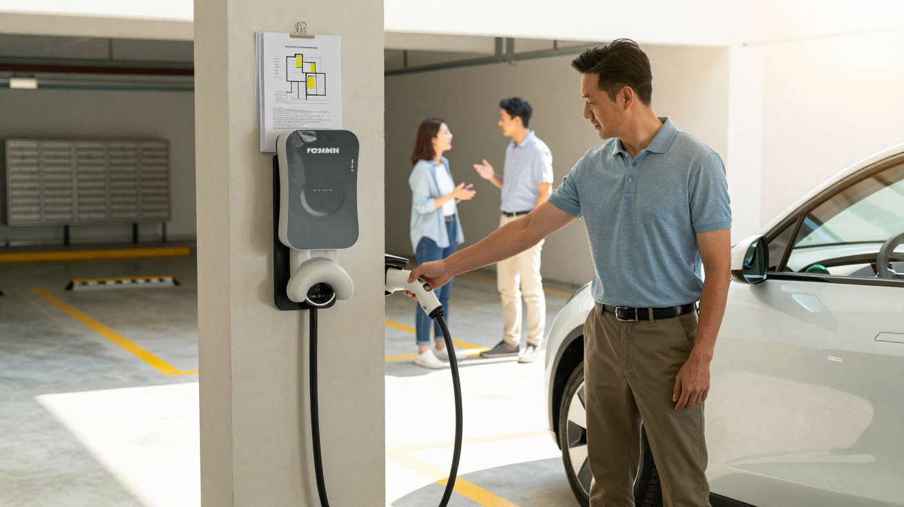Mann lädt sein Elektroauto an einer Ladestation in einer Tiefgarage, im Hintergrund unterhalten sich zwei Personen.