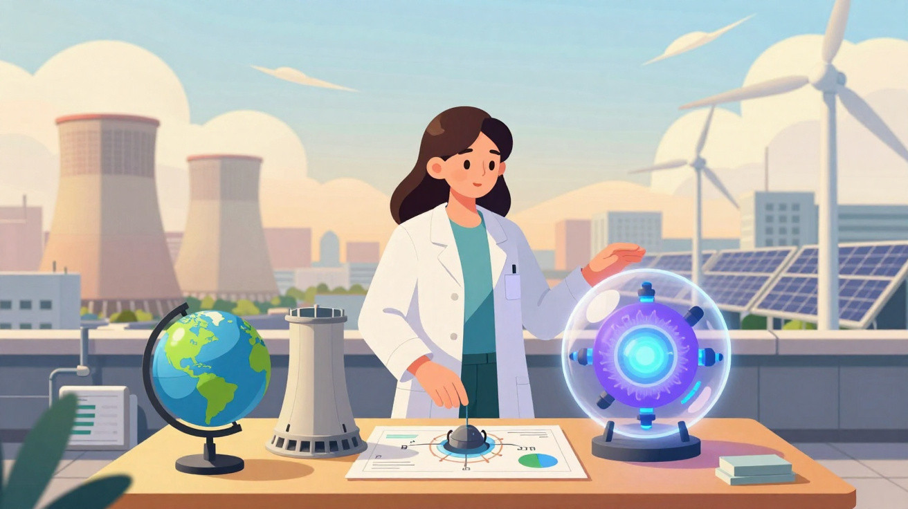 Frau in Laborjacke vor Modellen von Erdkugel, Atomkraftwerk, Solarzellen und Windrädern auf Dachterrasse.