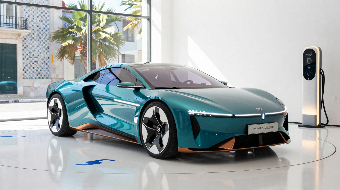 Futuristisches Elektroauto in blaugrün im Showroom neben Ladestation, große Fenster und Palmen im Hintergrund.