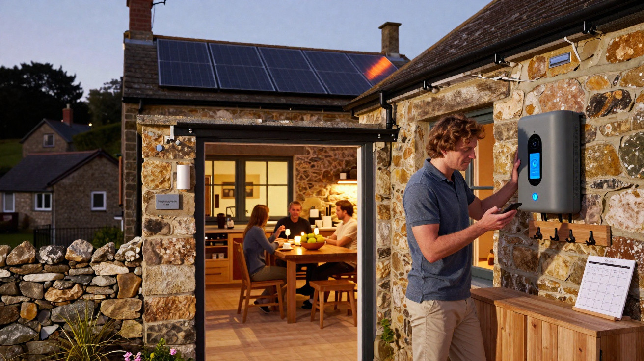Mann bedient Ladestation für Elektroauto an Hauswand mit Solarzellen, im Hintergrund sitzen drei Personen im Esszimmer.