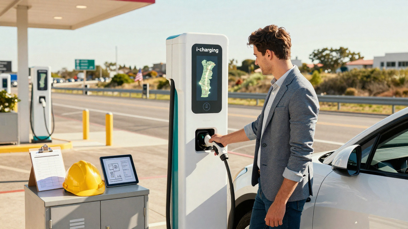 Mann lädt Elektroauto an Ladestation neben Straße, Baustellenhelm und Tablet auf Schrank nebenan.