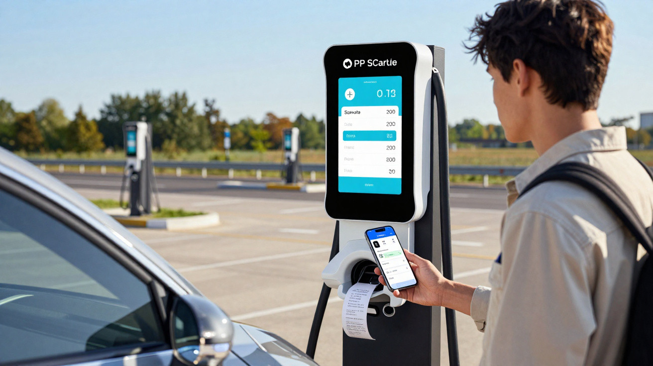 Junger Mann bedient Elektro-Ladesäule mit Smartphone in einem Parkplatz bei Tageslicht.