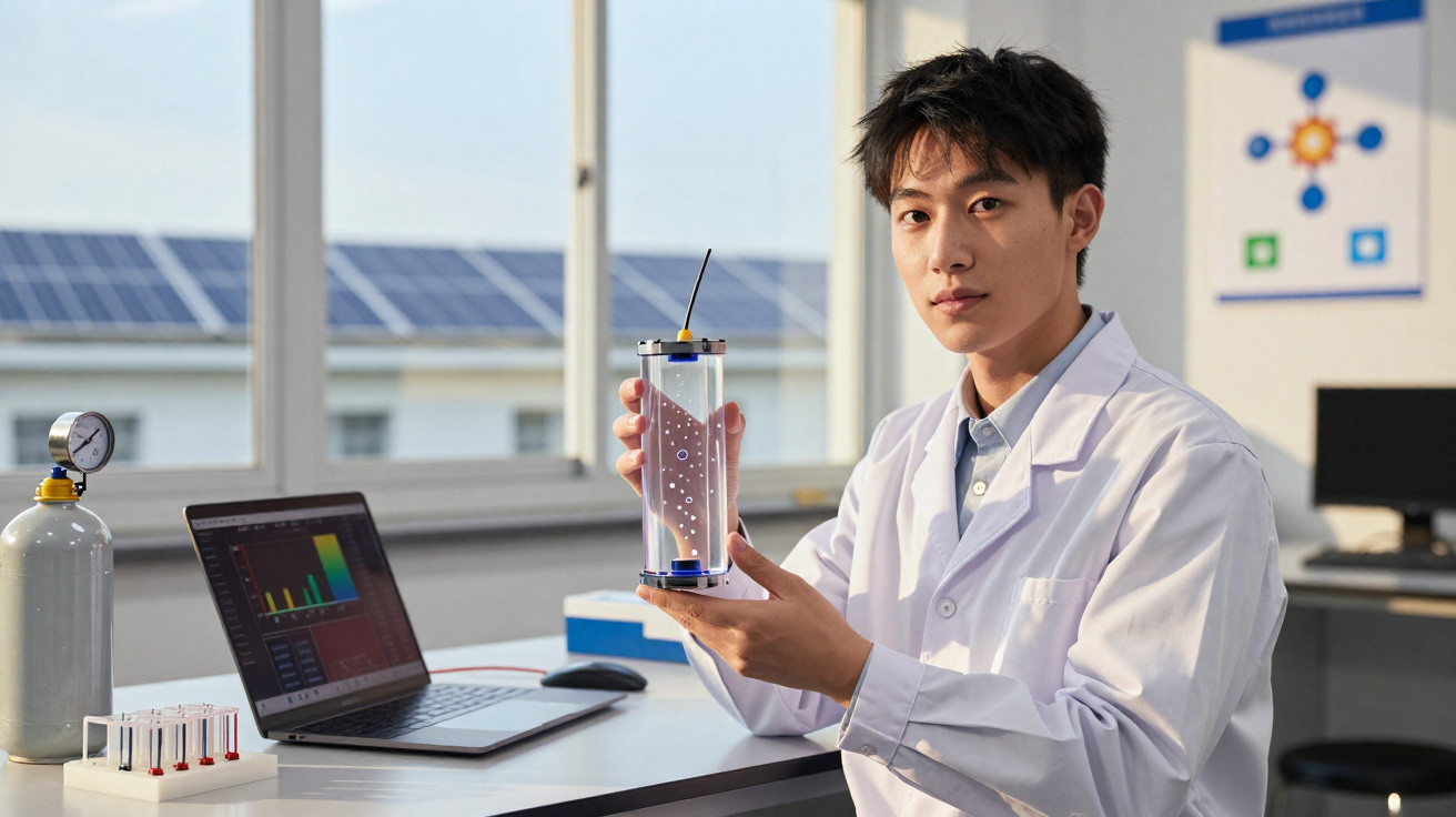 Junger Wissenschaftler im Labor hält transparentes Gerät mit Flüssigkeit und Bläschen vor Laptop mit Diagrammen.