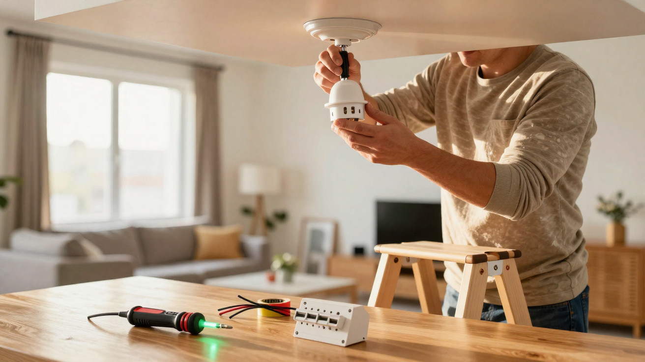 Mann montiert eine Deckenlampe in einem Wohnzimmer, neben ihm Werkzeug und Kabel auf einem Tisch.