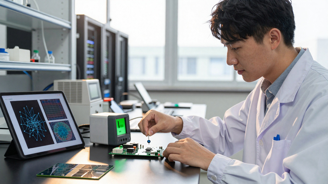Wissenschaftler mit weißem Kittel arbeitet an elektronischer Schaltung in Labor mit Monitoren im Hintergrund.