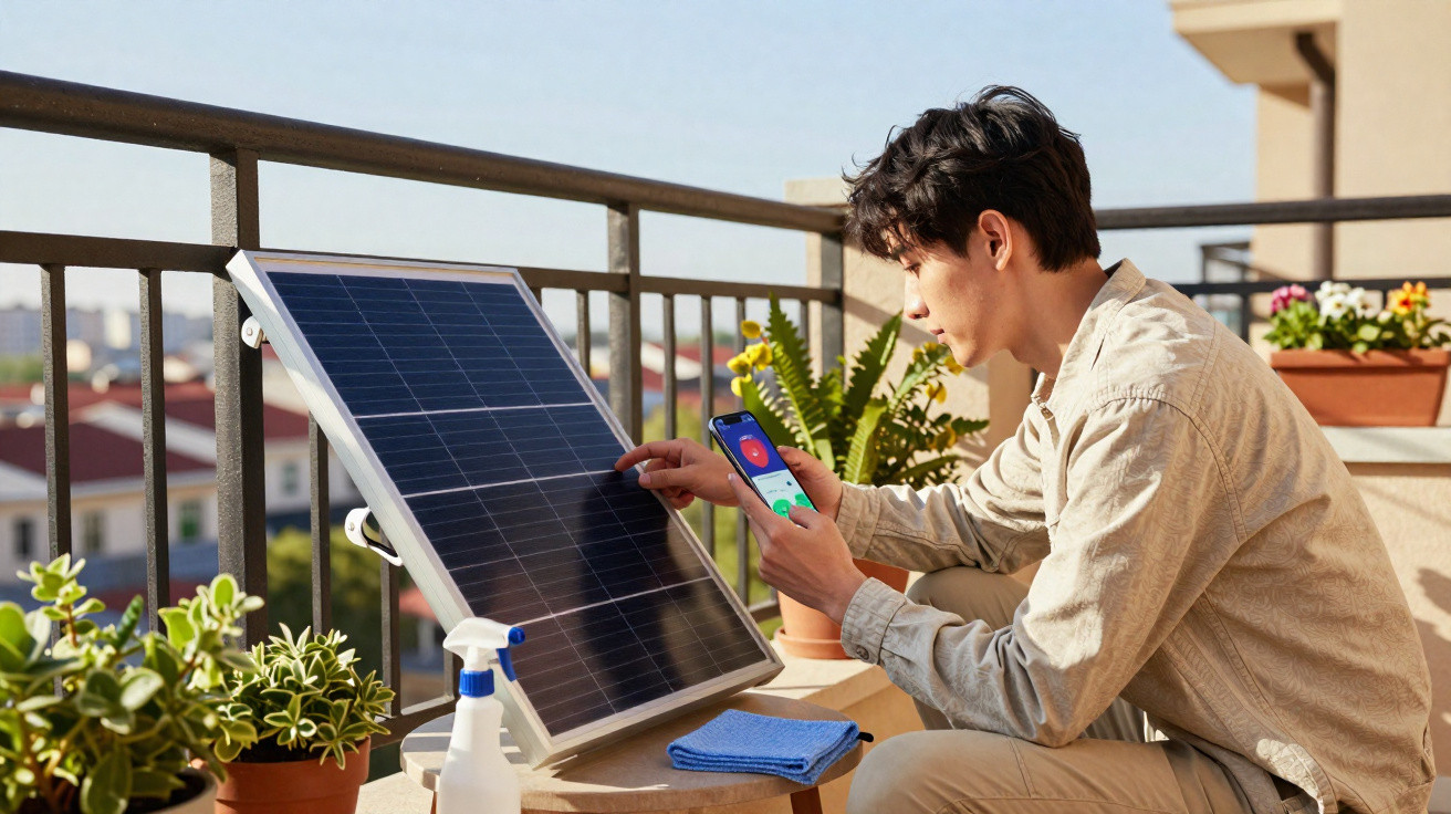 Junger Mann prüft Solarpanel auf Balkon mit Smartphone und Reinigungsmaterialien bei sonnigem Wetter.