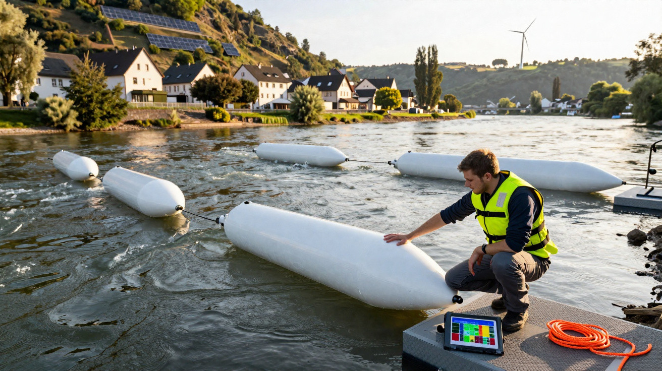 Mann mit Schwimmweste bedient Wassersensoren an Flussufer mit Häusern und Windrad im Hintergrund.