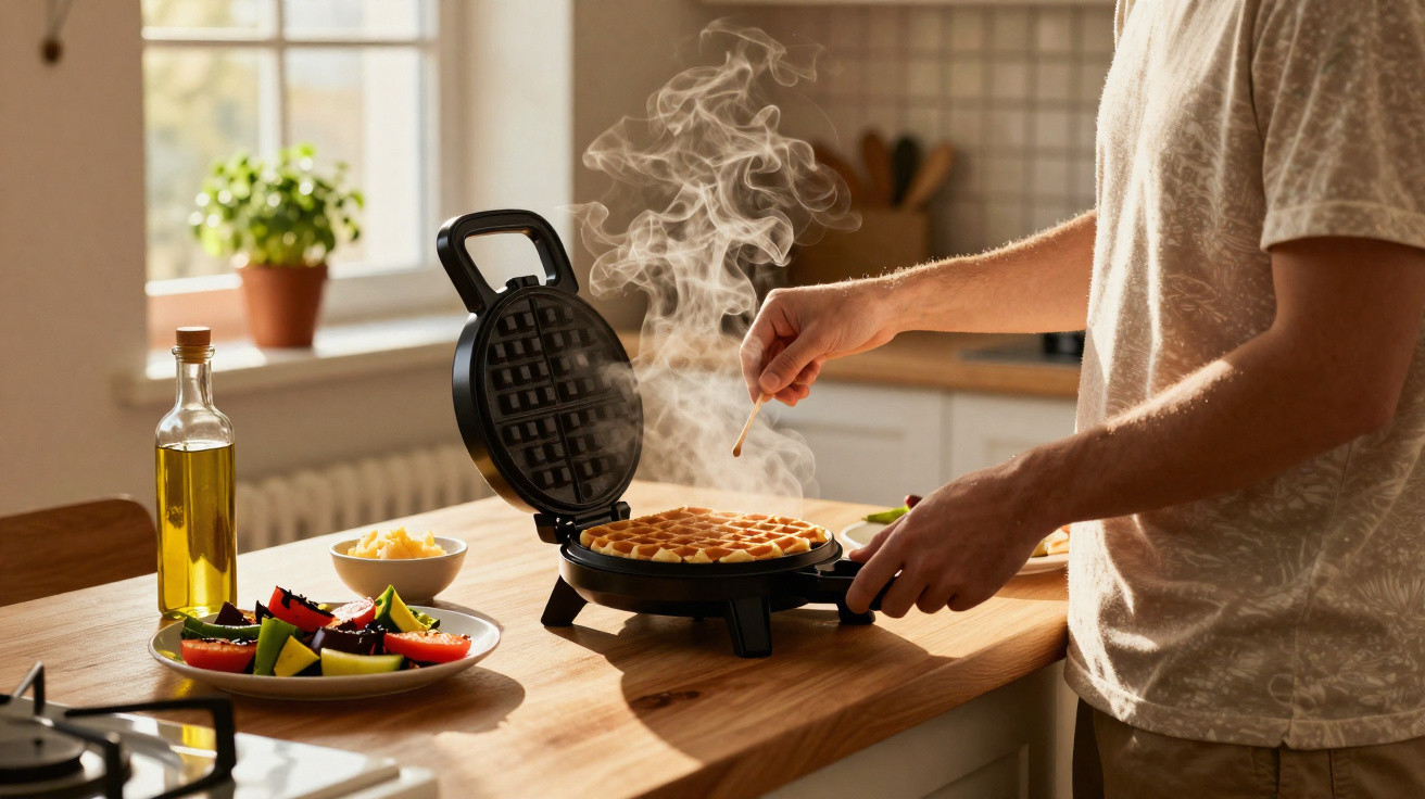 Person testet mit Streichholz die Temperatur eines frisch gebackenen Waffels im Waffeleisen in der Küche