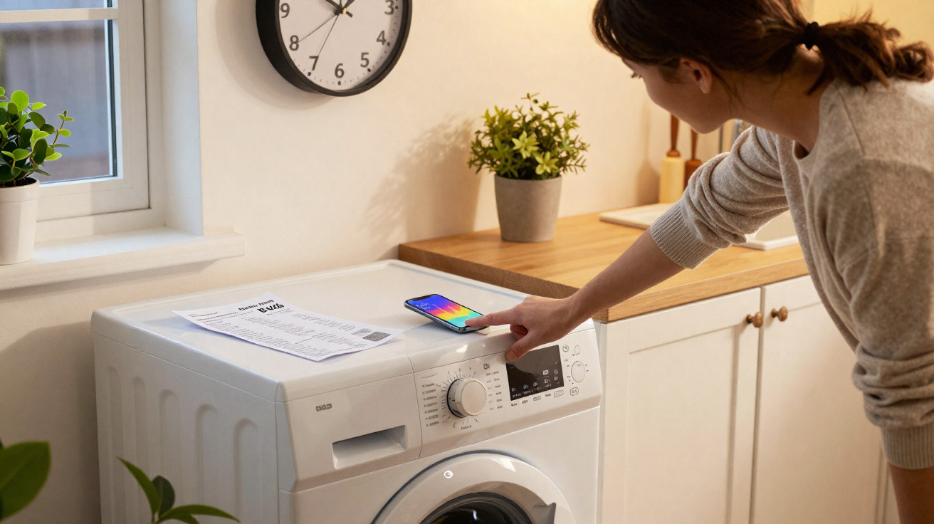 Frau bedient Waschmaschine mit Smartphone im hellen Waschraum mit Pflanzen und Uhr an der Wand.