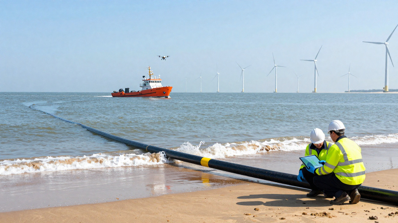 Zwei Ingenieure in Schutzkleidung prüfen eine Pipeline am Strand, im Hintergrund Windräder und ein Schiff.