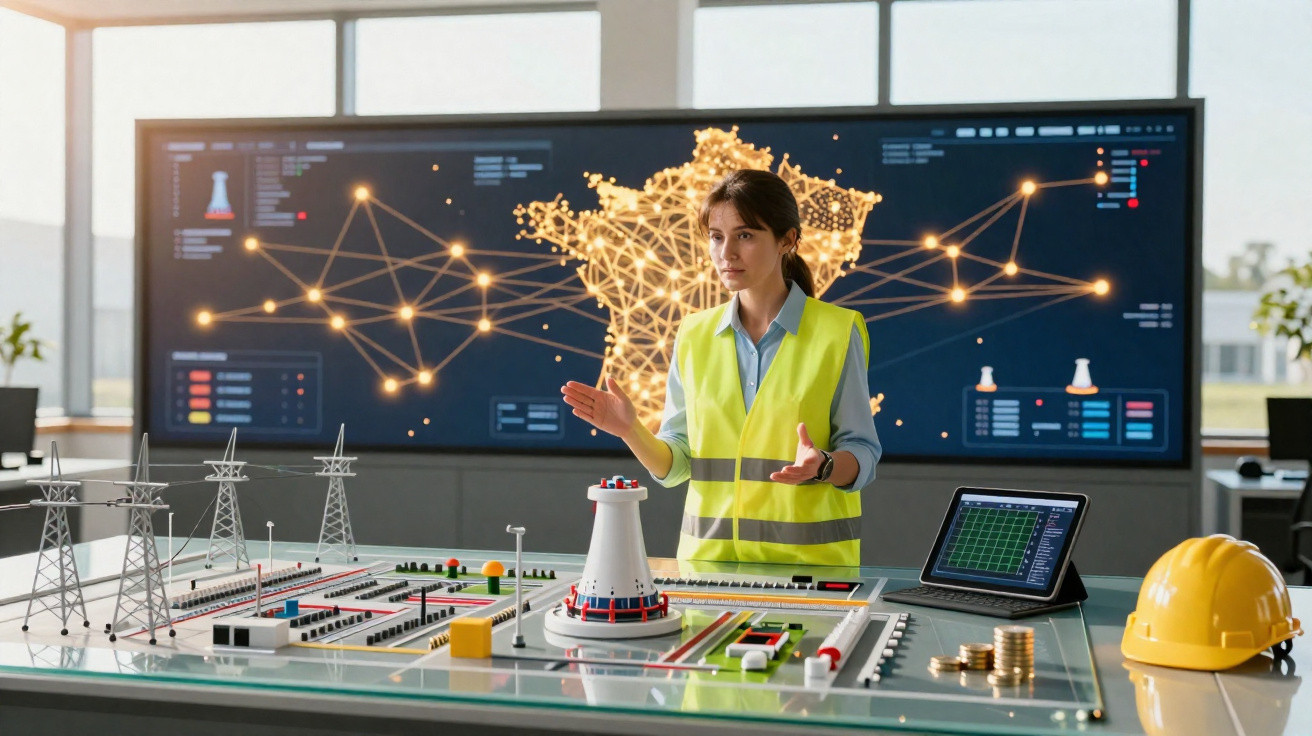 Ingenieurin im gelben Sicherheitsweste erklärt Modell einer Smart-City mit Stromversorgung vor digitaler Landkarte.