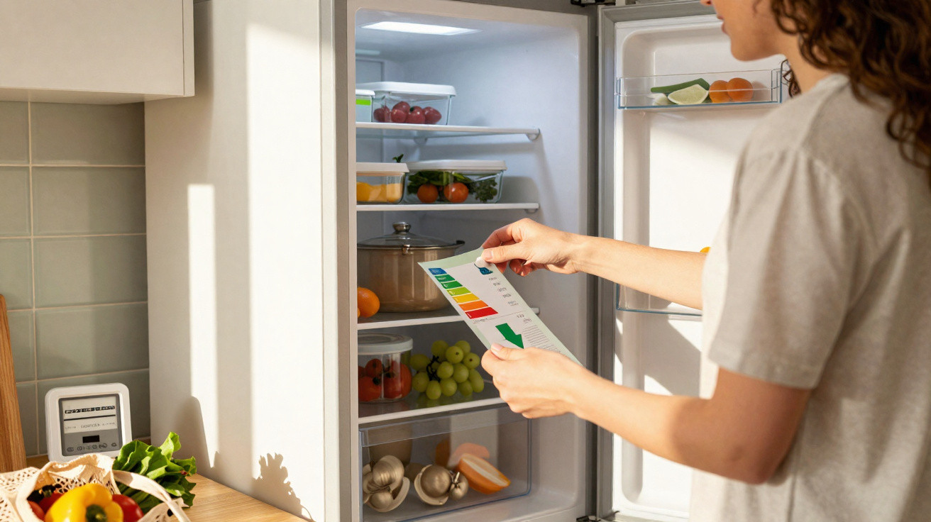 Frau prüft mit Farbkarten die Lebensmittelsicherheit im geöffneten Kühlschrank mit Obst und Gemüse.