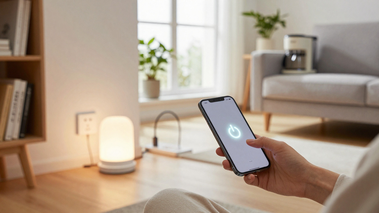 Person steuert per Smartphone eine smarte Lampe in einem hellen Wohnzimmer mit Sofa und Pflanzen.