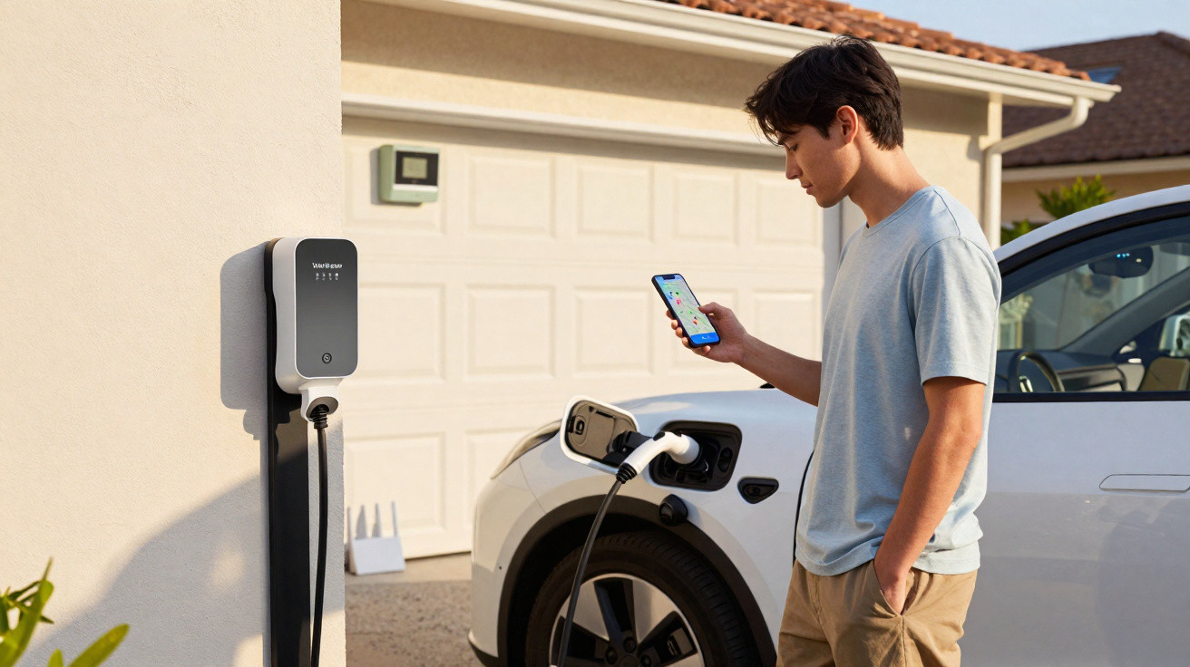 Mann bedient Elektroauto-Ladestation mit Smartphone neben weißem Auto vor Garage.