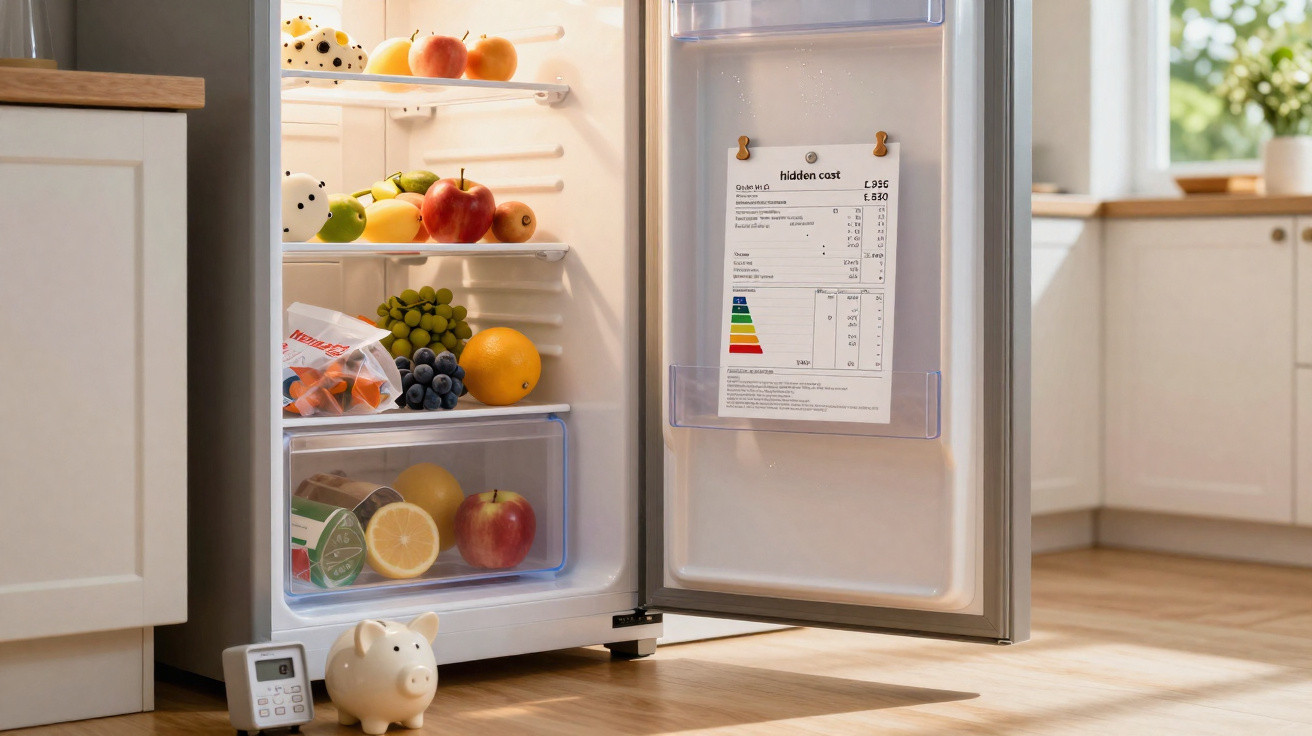 Offener Kühlschrank mit frischem Obst und einem Energieetikett an der Tür in heller Küchenecke.