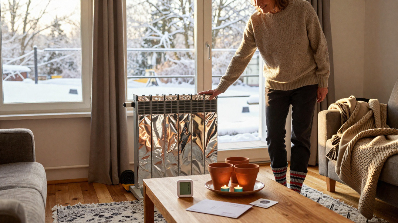 Frau in gemütlichem Pullover neben Heizkörper vor Fenster mit winterlicher Schneelandschaft im Wohnzimmer.