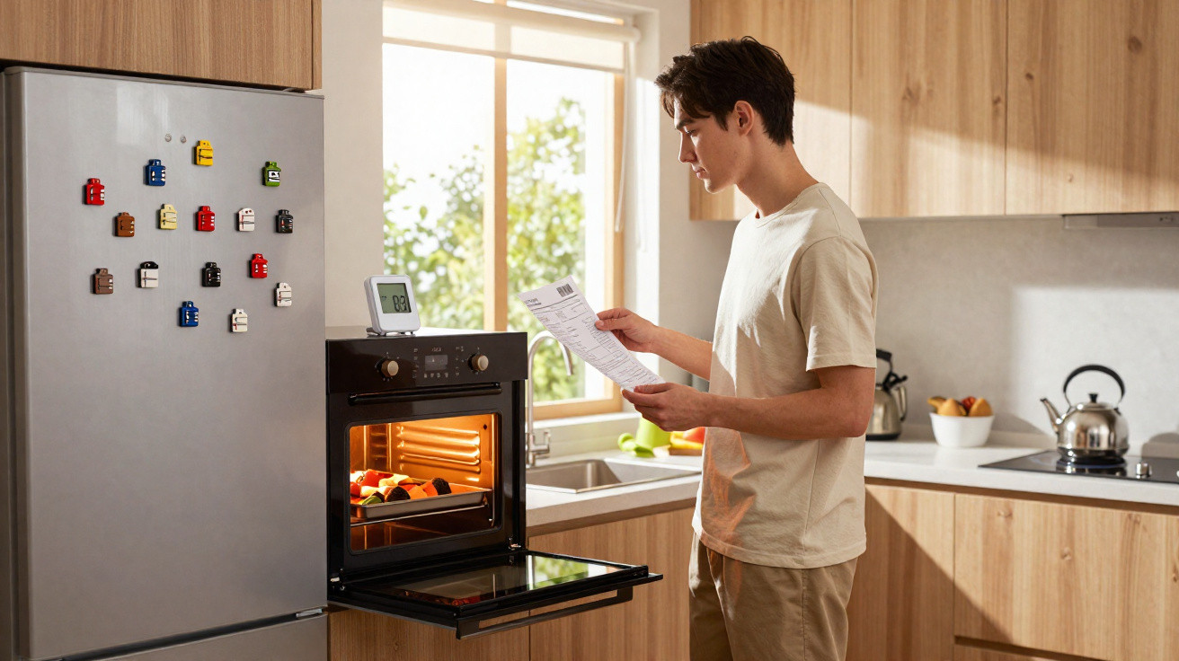 Junger Mann liest Rezept in moderner Küche vor offenem Backofen mit Gemüse im Inneren.