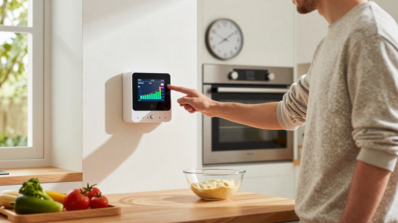 Mann bedient Wandthermostat mit Energiestatistik in moderner Küche neben Obstschale und Backofen.
