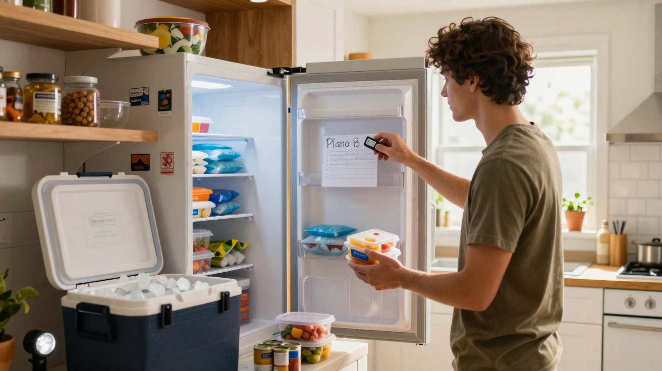 Junger Mann öffnet Kühlschrank, hält Notiz mit „Plano B“ und Plastikbehälter mit Essen in moderner Küche.