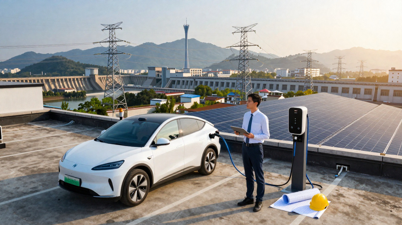 Mann mit Tablet lädt Elektroauto an Ladesäule auf Dach mit Solarpanels vor Bergkulisse bei Sonnenuntergang.