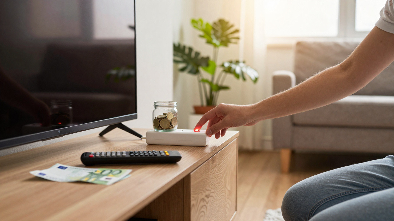 Hand drückt auf Fernsehfernbedienung, TV, Geldscheine und Münzen auf Holzschrank im Wohnzimmer