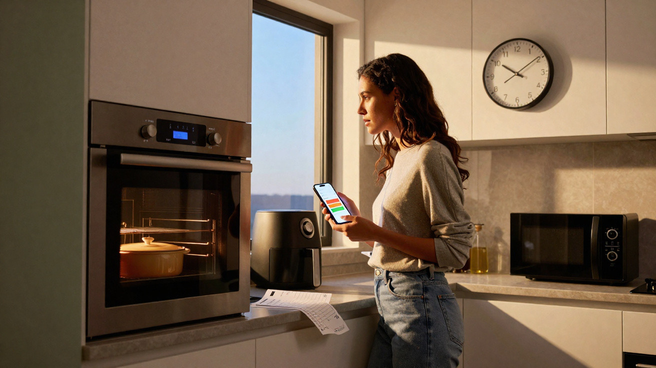 Frau steht in moderner Küche, schaut auf Smartphone und beobachtet einen Bräter im Backofen.