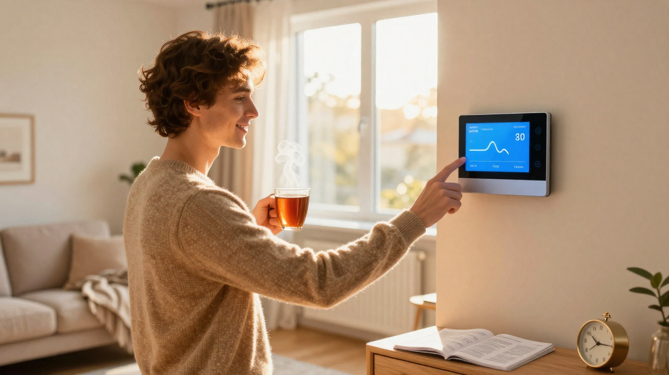 Junger Mann mit Tasse Tee bedient Wandthermostat in gemütlichem Wohnzimmer bei Tageslicht.