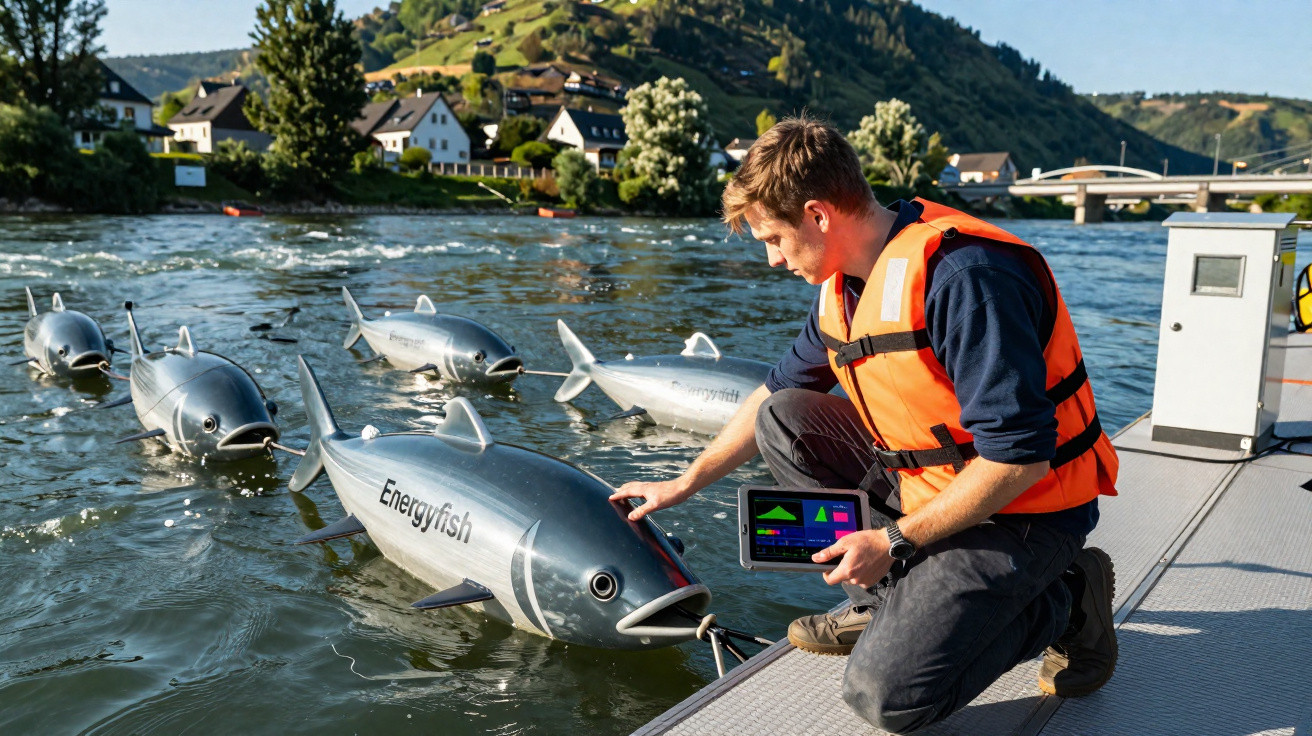 Mann mit orangefarbener Schwimmweste kontrolliert ferngesteuerte Roboterfische in einem Fluss in ländlicher Umgebung.