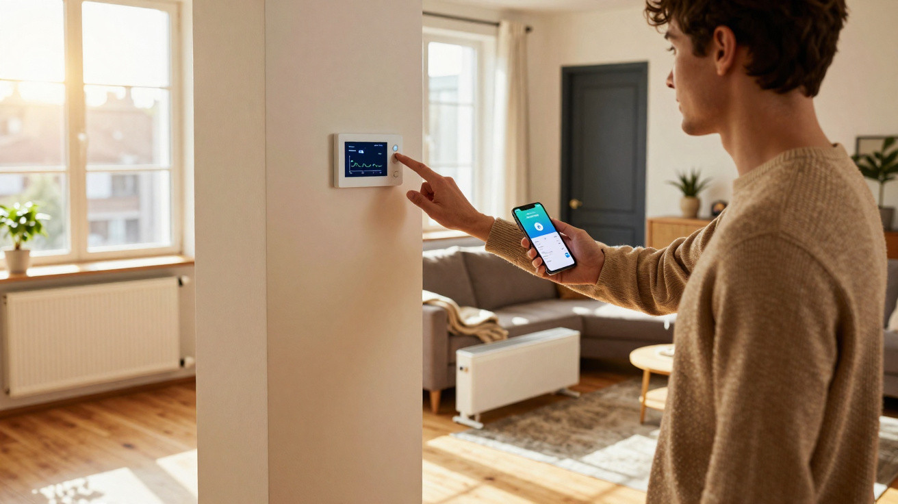 Junger Mann stellt mit Smartphone und Wandthermostat die Heiztemperatur in modernem Wohnzimmer ein.
