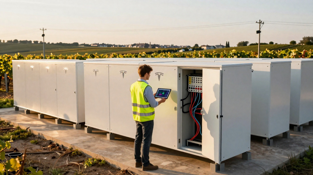 Mann in Warnweste kontrolliert elektrische Anlage in Feld mit Sonnenblumen bei Sonnenschein.