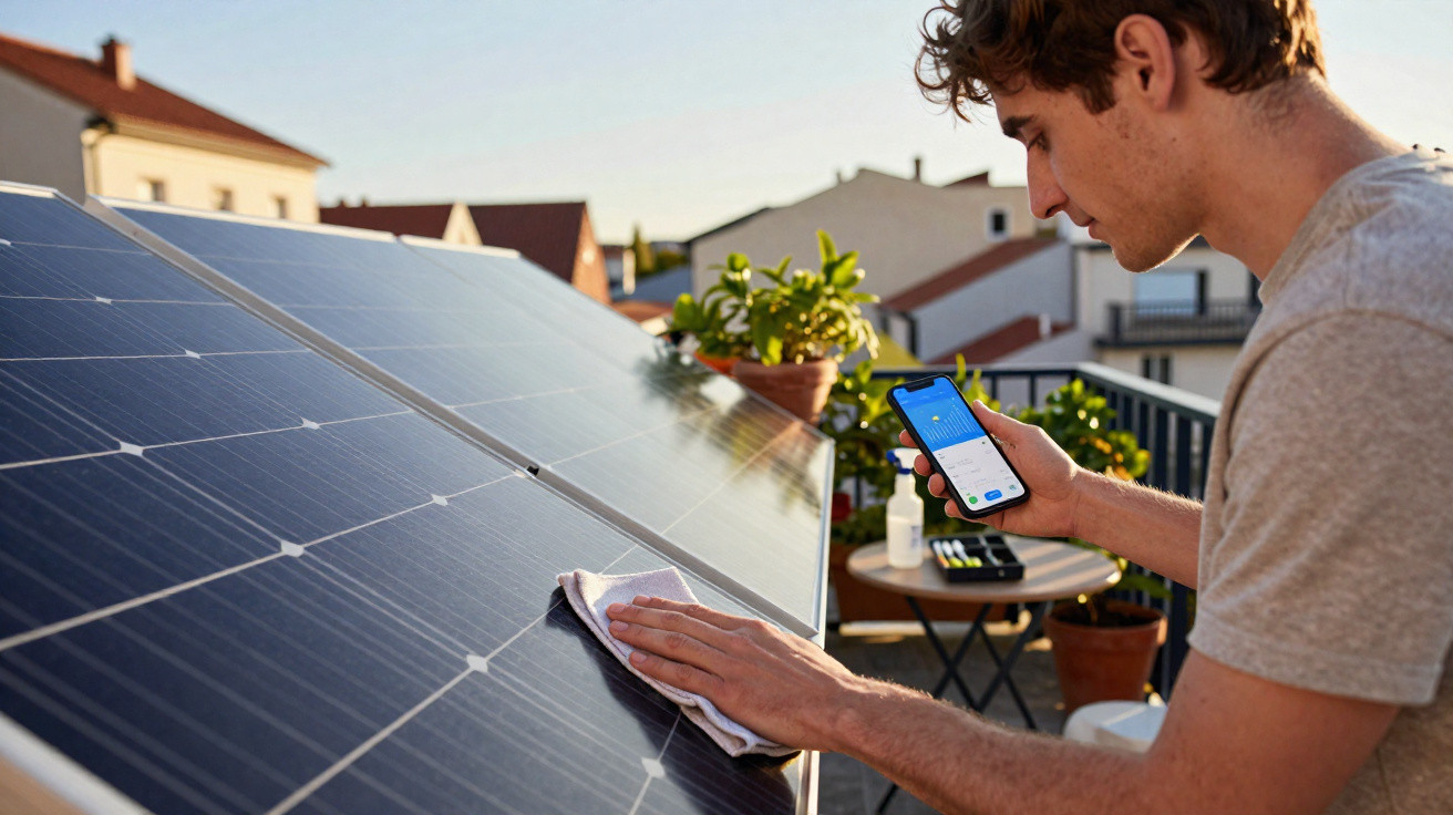 Junger Mann reinigt Solarpanel und überprüft Solarenergie-App auf seinem Smartphone auf Balkon mit Pflanzen.